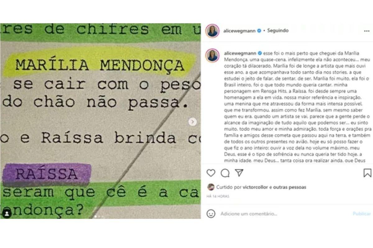 Alice Wegmann usou as redes sociais para publicar o trecho do roteiro