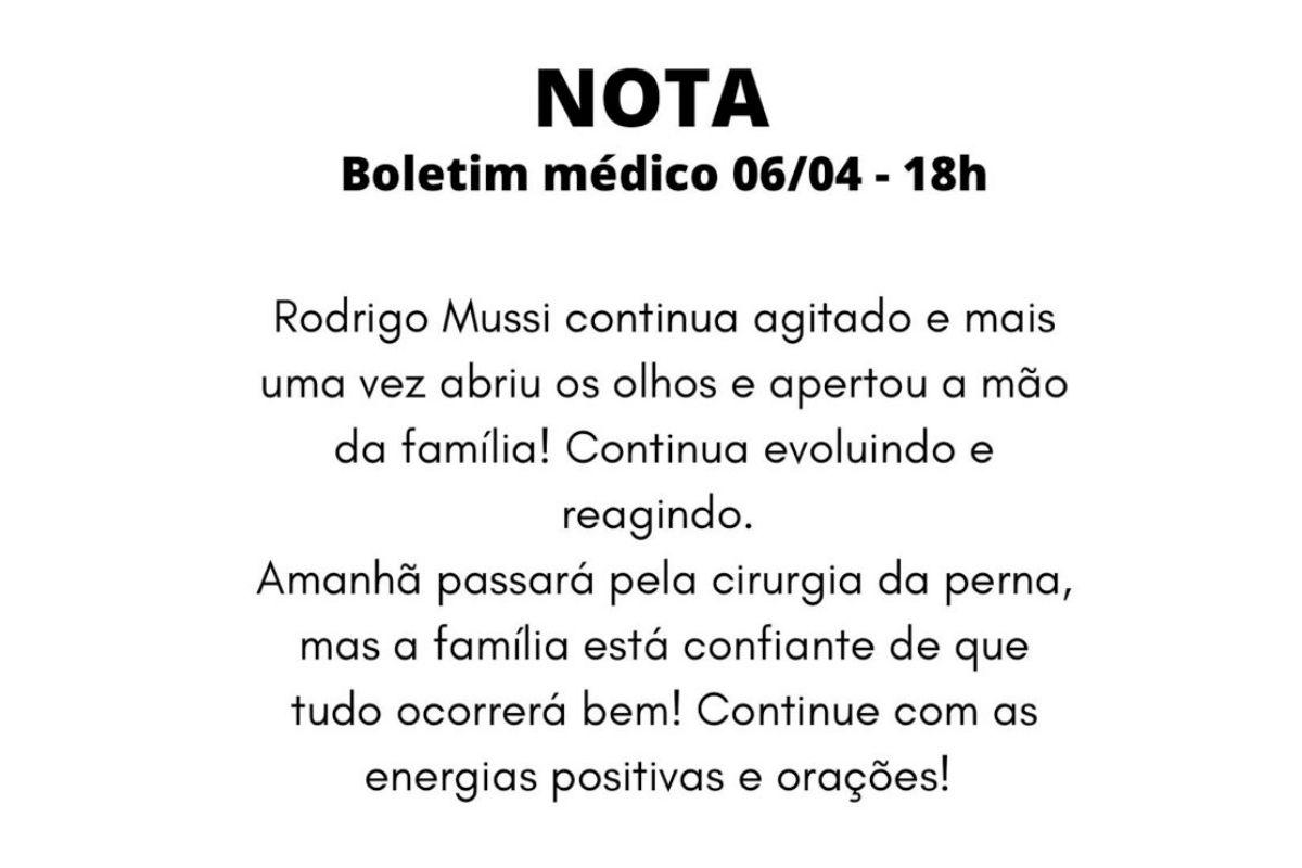 Boletim médico de Rodrigo Mussi é divulgado nesta quarta-feira