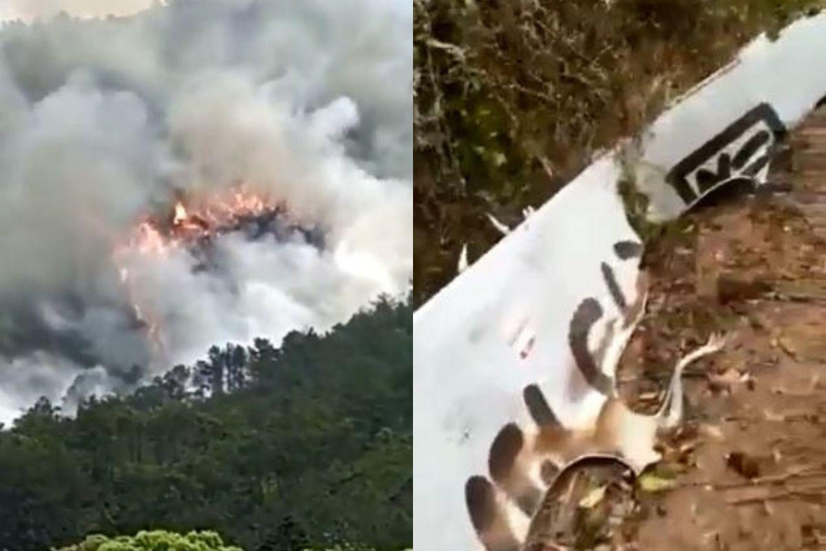 O avião que caiu na China pegou fogo após a queda de deixou destroços no chão