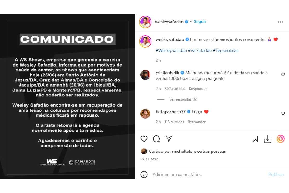 Shows de Wesley Safadão são cancelados após lesão na coluna do cantor
