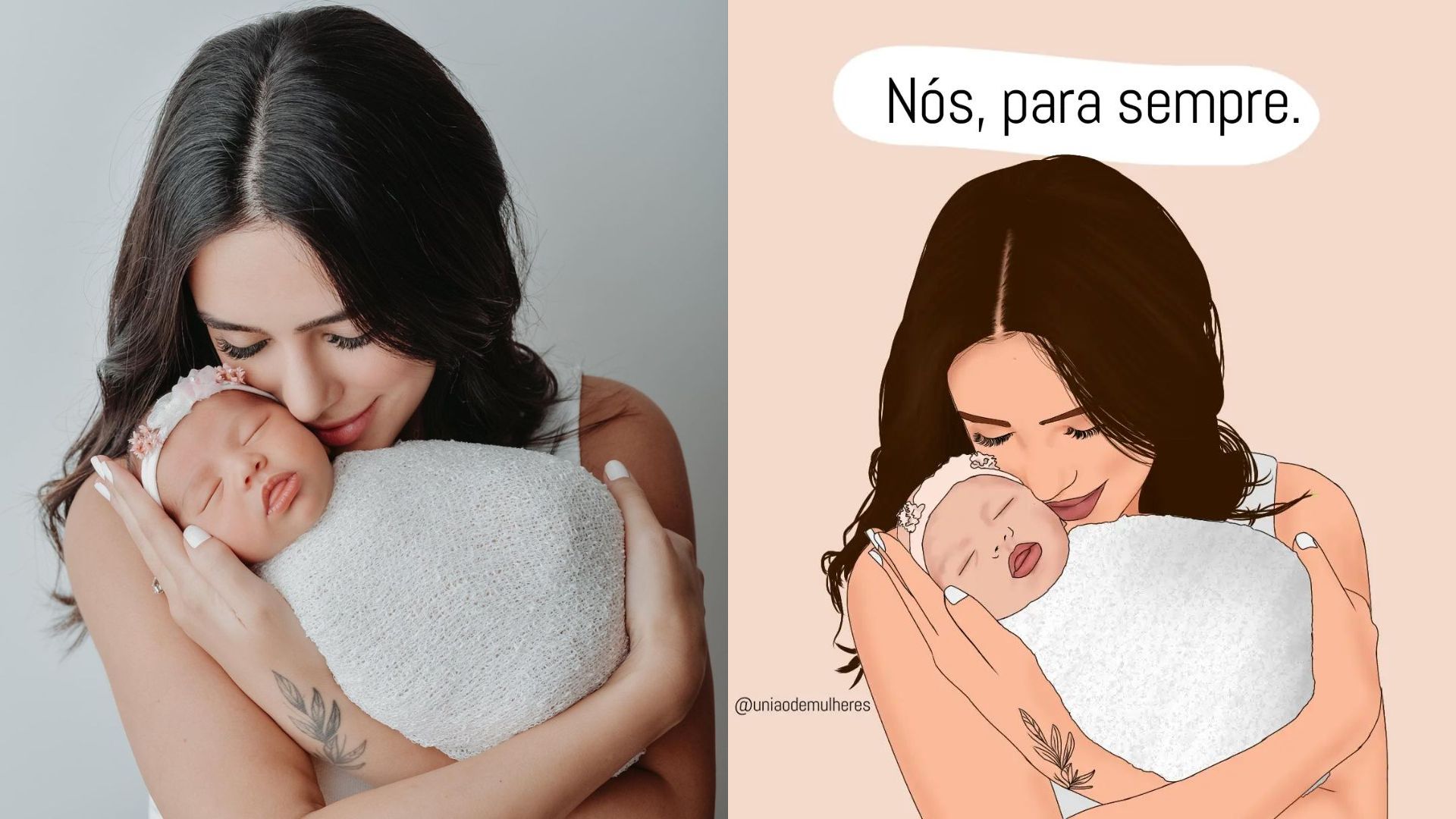 Bruna Biancardi com Mavie no colo em ensaio 'newborn' e em ilustração da imagem