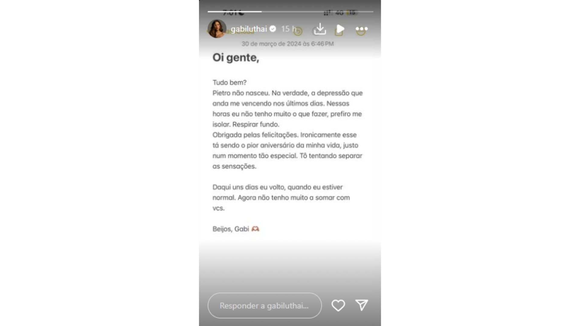 Gabi Luthai com depressão