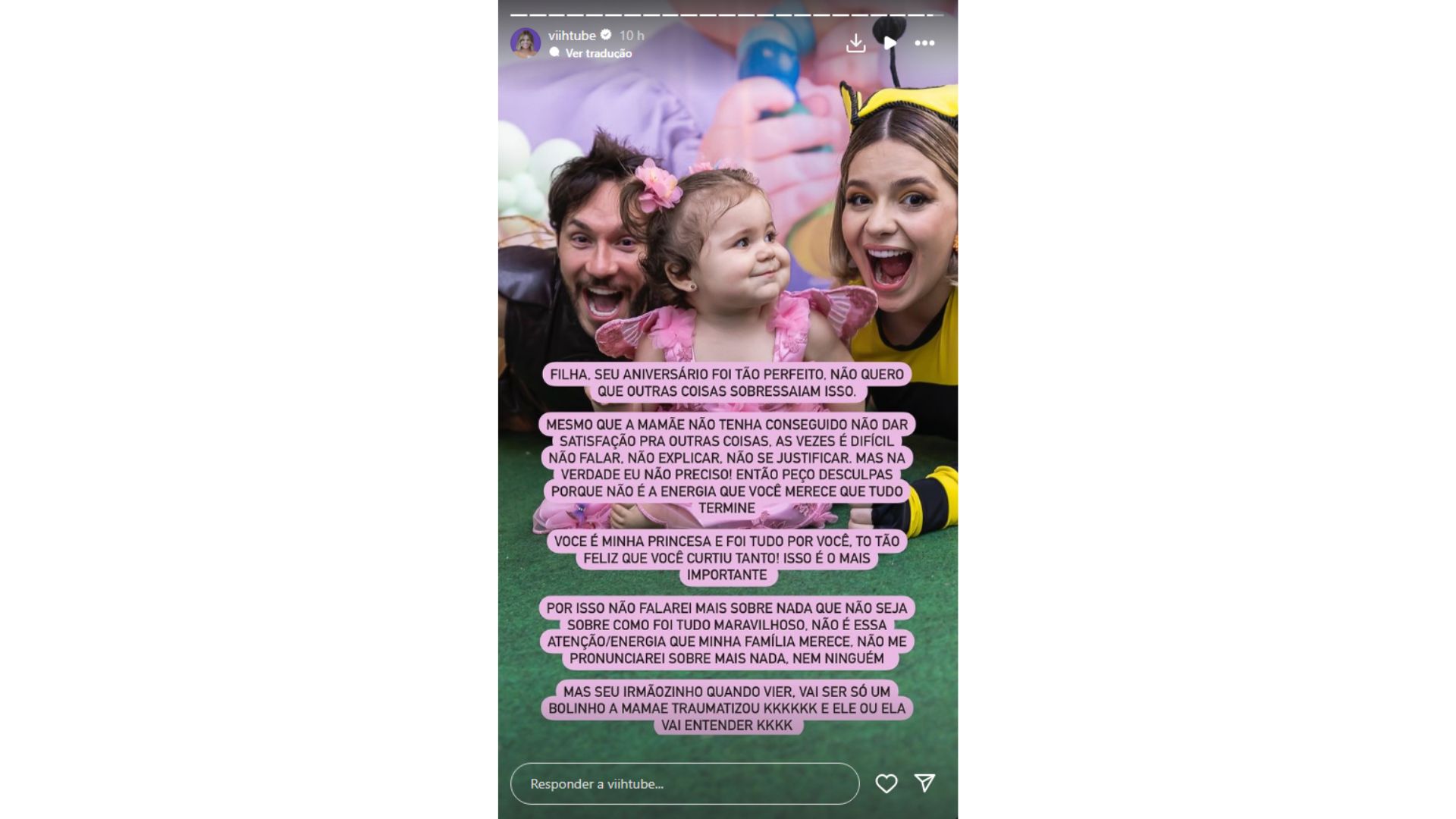 Nos stories, Viih Tube comenta que não repetirá festão com segundo filho