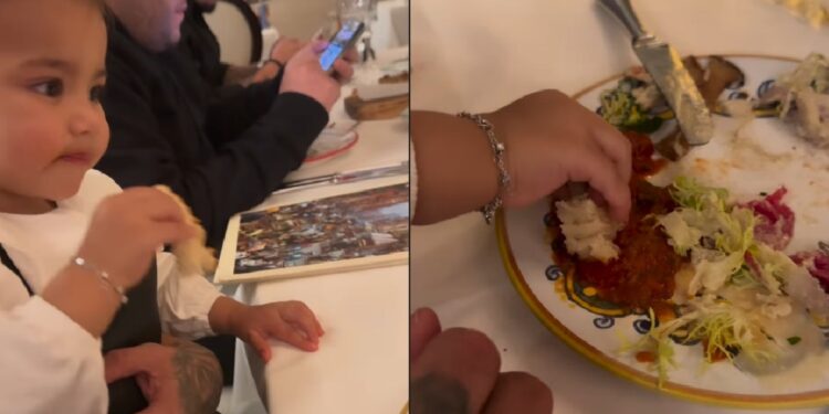 Neymar ensina filha Mavie a chunchar pão no molho do almço e Bruna Biancardi registra momento / Foto: (Reprodução/Instagram)