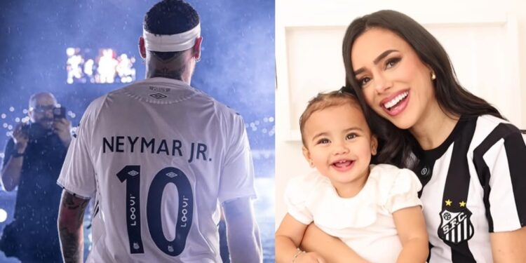 Na volta de Neymar Jr ao Santos Bruna Biancardi grava vídeo em homenagem ao jogador e Mavie, filha do casal, rouba a cena / Foto: (Reprodução/Instagram)