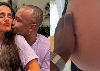 Thiaguinho volta de viagem e se impressiona com tamanho da barriga de Carol Peixinho