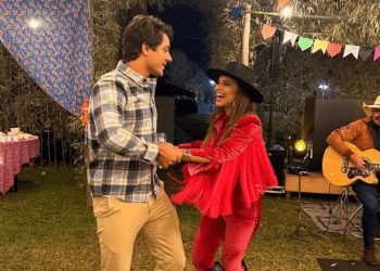 Grávida, Mariana Rios aproveita festa junina com Juca Diniz e exibe barriguinha