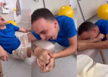 À espera do segundo filho, João Gomes se contorce ao usar aparelho que simula a dor das contrações do parto