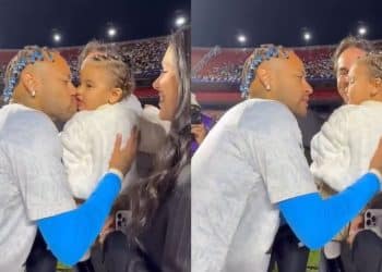 Bruna Biancardi aparece com Mavie nas arquibancadas durante partida de Neymar