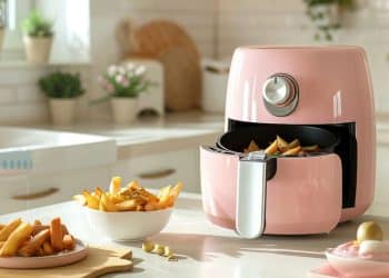 Airfryer rosada em uma cozinha branca com comidas em volta.