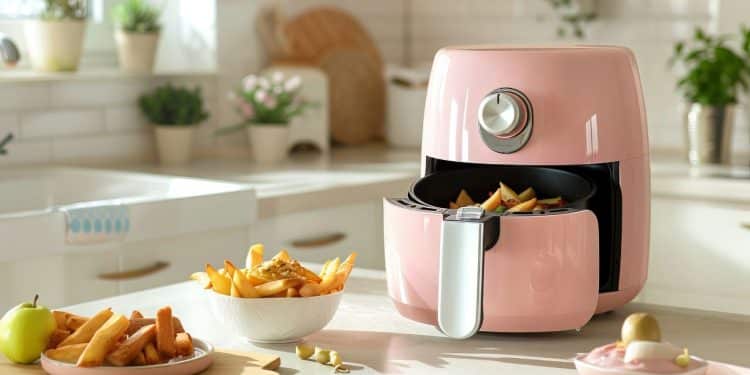 Airfryer rosada em uma cozinha branca com comidas em volta.