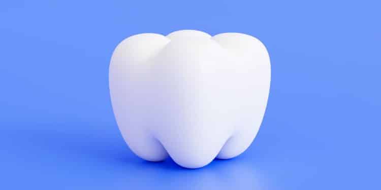 Dente arredondado em um fundo azul, representando a gengivite gravídica.