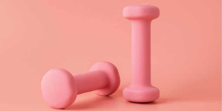 Dois pesos rosados de exercícios em um fundo da mesma cor.