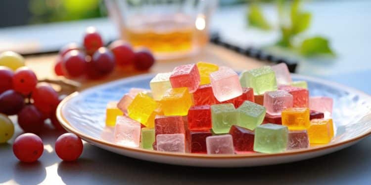 Gelatina mosaico em um balcão com frutas e bebidas.