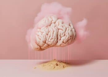 Cérebro com fumaça em volta solta areia em frente a um fundo rosa, simbolizando a crise materna de saúde mental.