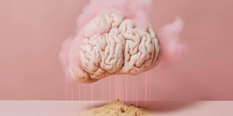 Cérebro com fumaça em volta solta areia em frente a um fundo rosa, simbolizando a crise materna de saúde mental.