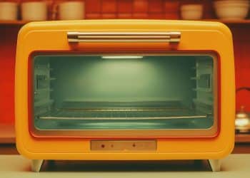 Forno elétrico amarelo retrô em uma cozinha laranja.