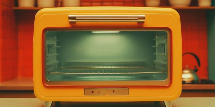 Forno elétrico amarelo retrô em uma cozinha laranja.