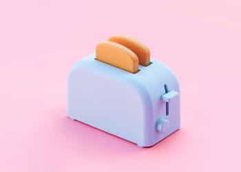 Torradeira azul arredondada com dois pães em um fundo rosa.