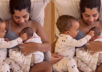 Ary Mirelle registra filho mais velho cuidando do recém-nascido em momento de carinho