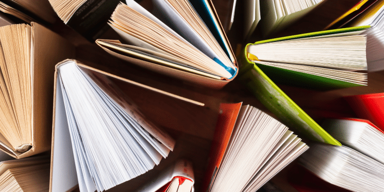 Vários livros coloridos colocados em pé e um pouco abertos.