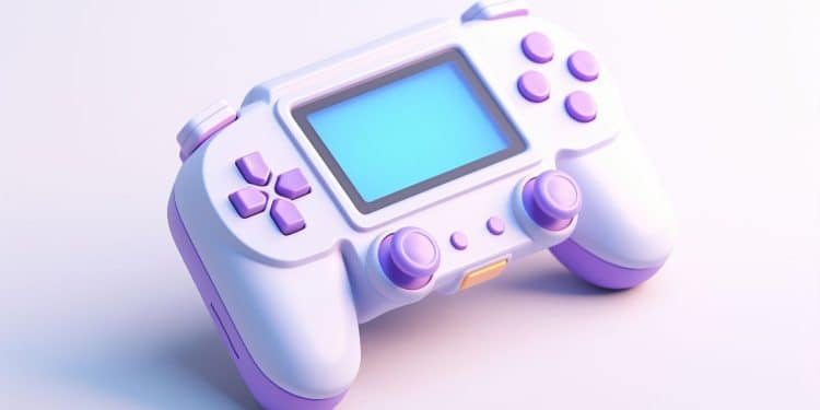 Controle de jogos branco e lilás em um fundo neutro.