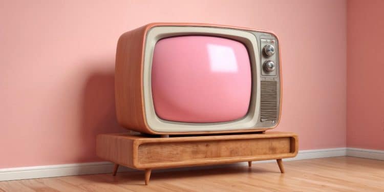 Televisão retrô com tela rosa em frente a parede rosa.