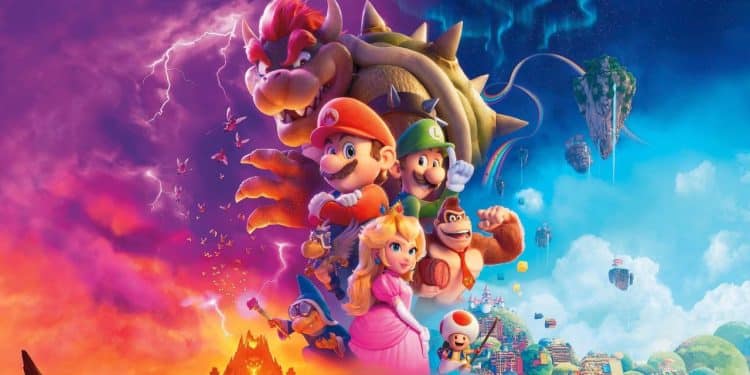 Personagens em poster colorido de Super Mario Bros, filme disponível no Prime Video.