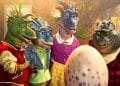 Personagens de Família Dinossauros olhando para um ovo.