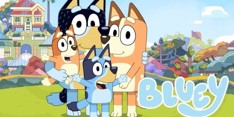 Personagens de Bluey junto ao logo da série.