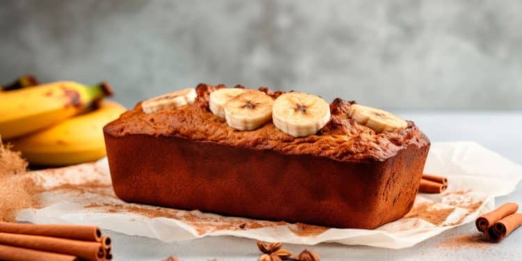 Bolo integral de banana em uma mesa com bananas e canela ao lado.