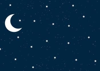 Lua e estrelas numa noite azul, representando o sono infantil.