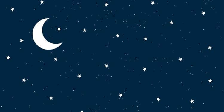 Lua e estrelas numa noite azul, representando o sono infantil.