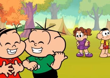 Personagens de Turma da Mônica em cenário tranquilo.