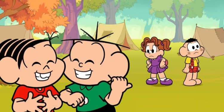 Personagens de Turma da Mônica em cenário tranquilo.