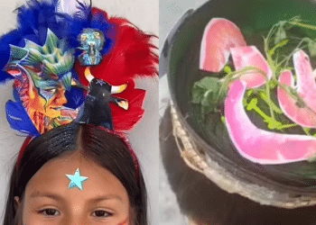 Montagem de duas crianças com peteados diferentes. Uma está com um boi na cabeça e a outra com uma flor, ambos de papel