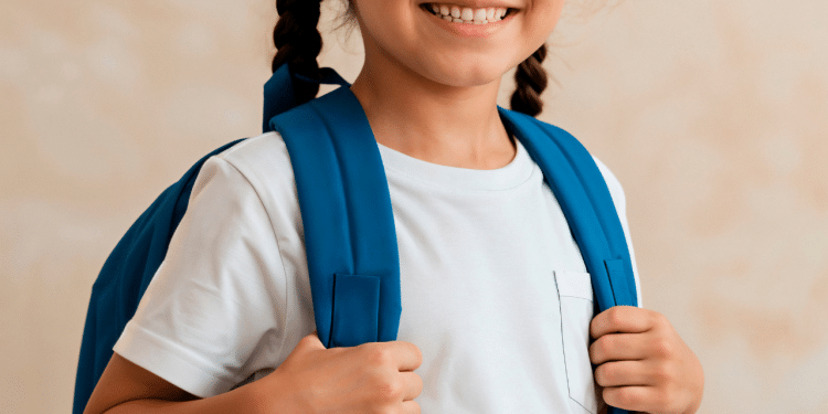 Criança com uma camisa branca sorrindo com uma mochila nas costas