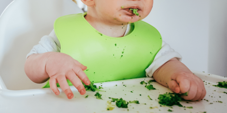 Criança comendo, provavelmente um=algum alimento que seja folha. Ela está com um babador verde e com a boca suja