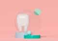 Dente e recursos visuais circulares em um fundo rosa, representando o bruxismo infantil.