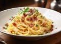 Macarrão à carbonara em um prato branco com talheres.