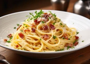 Macarrão à carbonara em um prato branco com talheres.