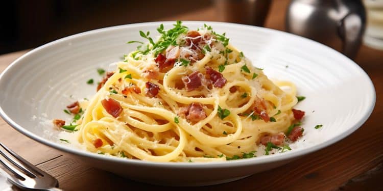 Macarrão à carbonara em um prato branco com talheres.