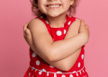 Criança sorrindo em um fundo rosa, com vestidos de bolinhas brancas