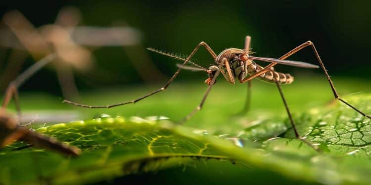 Mosquito em cima de uma folha verde.