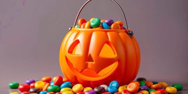 Balde de abóbora com doces para o Halloween.