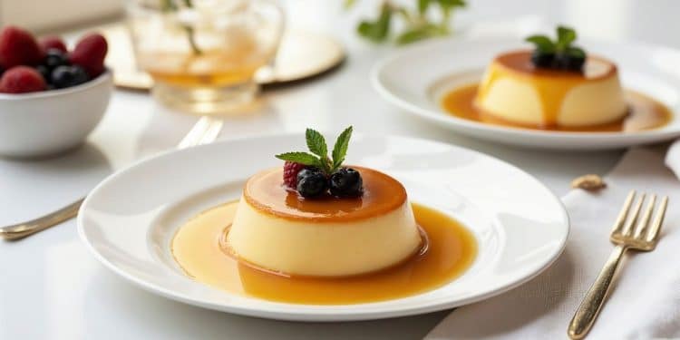 Pudim com calda de açúcar em uma mesa com outros pratos.