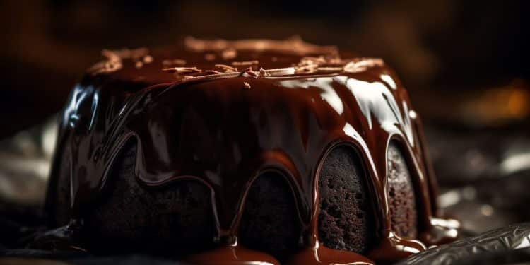 Bolo de chocolate com calda escorrendo.
