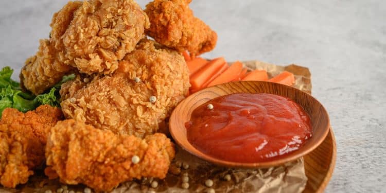 Frango frito com uma porção de ketchup ao lado.