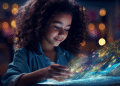 Criança usando tablet com inteligencia artificial