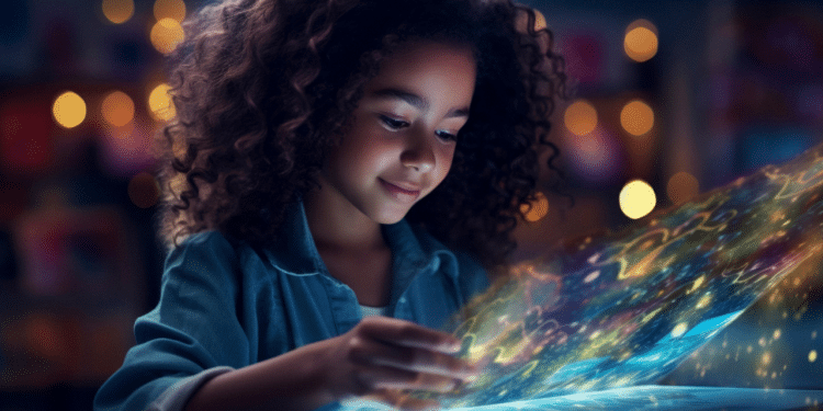 Criança usando tablet com inteligencia artificial